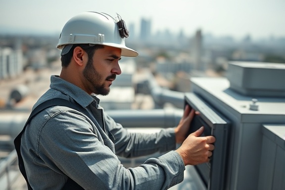 dedicated hvac technician, intense concentration, performing hvac inspection, photorealistic, rooftop of a commercial building with cityscape, highly detailed, wind gently rustling clothes, crisp detail, neutral gray and white, natural sunlight, shot with a 35mm lens.