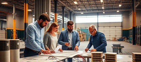 integrated HVAC installation, collaborative, team discussing layout, photorealistic, in an industrial warehouse, highly detailed, blueprints and cables on table, technical details, warm neutral tones, diffused artificial light, shot with a 40mm lens.