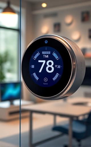 efficient thermostat technology, innovative expression, balancing indoor climate, photorealistic, modern tech-driven home office with digital devices, highly detailed, rotating 3D visualization on screen, razor-sharp focus, silver and blue scheme, directional LED lighting, shot with a 40mm lens.