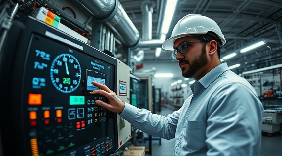 high-tech hvac assembly, problem-solving specialist, analyzing control panel readouts, photorealistic, state-of-the-art manufacturing plant, highly detailed, dynamic readout displays, superfine resolution, monochromatic scheme, spot lighting, shot with a fisheye lens.