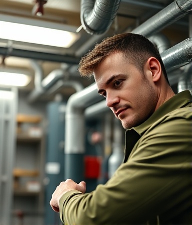 experienced hvac technician, focused, repairing, photorealistic, in a basement machinery room with pipes, highly detailed, attentiveness, precise focus, olive green attire, overhead fluorescent lighting, shot with a 85mm lens.