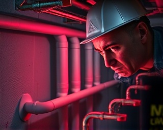 emergency hvac repair, urgent expression, fixing leaks, photorealistic, basement environment with pipes and water stains, highly detailed, emergency lights flashing, vivid depiction, red, dim emergency lighting, shot with a macro lens.