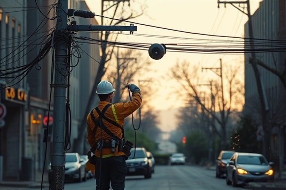 emergency repair team, focused, repairing a damaged power line, photorealistic, urban street at dawn with fallen trees, highly detailed, sparks flying, ISO 100, muted colors, golden hour lighting, shot with a 50mm lens.