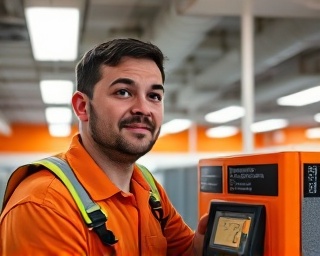 reliable hvac maintenance, calm expression, testing controls, photorealistic, small office with cubicles and overhead ducts, highly detailed, temperature readings and graphs visible, medium format, orange, fluorescent ceiling lights, shot with a telephoto lens.