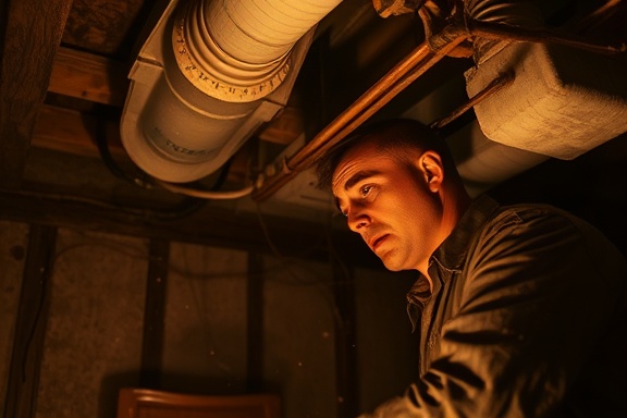 vintage hvac maintenance, concentration, inspecting ducts, photorealistic, basement of an old house with wooden beams, highly detailed, dust particles floating, sepia tone, soft diffused light, shot with a 35mm lens.