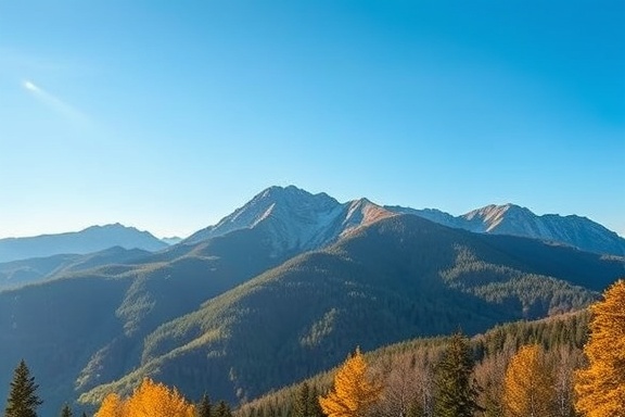 pristine air purity, serene, represented by clear blue sky, photorealistic, aerial view of a mountain range, highly detailed, breeze moving gently through trees, ISO 400, vibrant hues, golden hour lighting, shot with a telephoto lens.