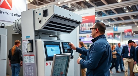 versatile hvac equipment, adaptable technician, demonstrating features, photorealistic, bright trade show environment with banners, highly detailed, attendees engaged in conversation, 4k resolution, vivid and inviting colors, diffused ceiling lights, shot with a 70-200mm telephoto lens.