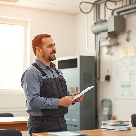 skilled hvac technician, contentment, explaining system, photorealistic, bright classroom with technical diagrams on walls, highly detailed, scattered notebooks, natural morning light, warm tones, shot with a 50mm lens.