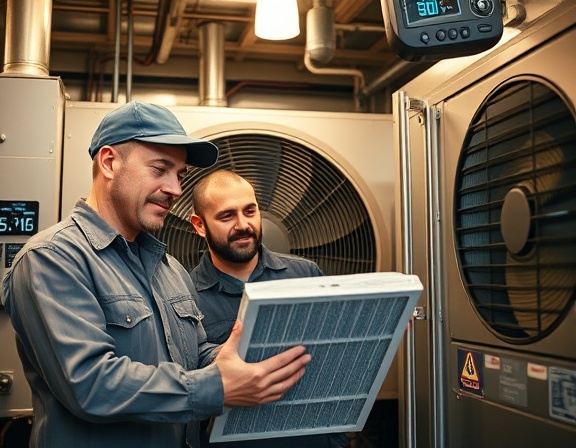 professional hvac maintenance team, cooperative expression, inspecting an air filter, photorealistic, a modern mechanical room with metallic surfaces, highly detailed, spinning fan blades in the background, digital panels and readings, warm amber tones, harsh overhead lighting, shot with a 35mm lens.