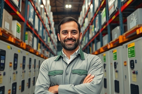 dedicated hvac equipment supplier, confident expression, showing off new devices, photorealistic, inside a warehouse with towering shelves, highly detailed, reflective surfaces on machines, colorful energy efficiency labels, vibrant greens and yellows, ambient lighting with shadows, shot with a 24mm lens.