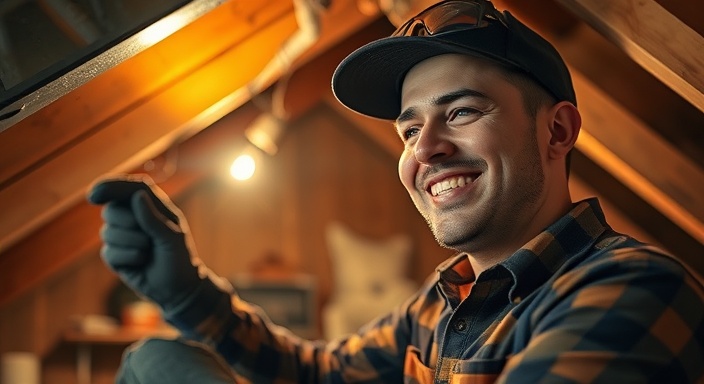 meticulous hvac technician, satisfied expression, performing hvac cleaning, photorealistic, in a cozy residential attic, highly detailed, dust particles illuminated in the light, high clarity, warm browns and reds, warm ambient light, shot with a 24mm lens.