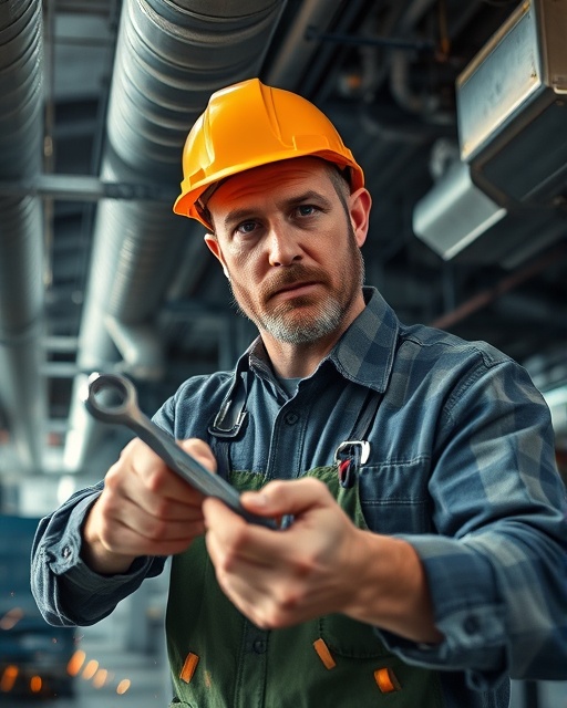 skilled hvac repair, determined expression, working with wrenches, photorealistic, industrial factory setting with large ducts, highly detailed, scattered sparks and sound waves, high dynamic range, gray, artificial overhead lighting, shot with a 16-35mm wide-angle lens.