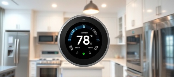 sleek energy-saving thermostat, futuristic expression, alerting on weather pattern changes, photorealistic, contemporary kitchen with stainless steel appliances, highly detailed, color-coded alerts and notifications, superior resolution, metallic and white scheme, overhead pendant lighting, shot with a 28mm lens.