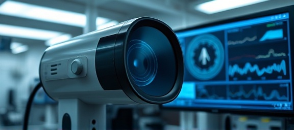 sleek air monitor, focused, analyzing air composition, photorealistic, modern laboratory setting with digital displays, highly detailed, data visualization on screens, f/2.8 aperture, cool tones, artificial fluorescent lighting, shot with a 35mm lens.