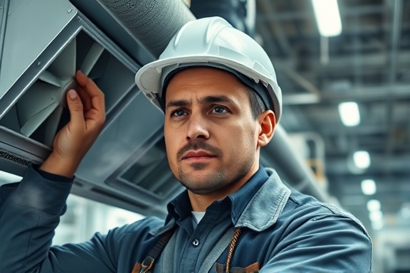 professional hvac technician, determined expression, adjusting vent angles, photorealistic, in a large factory setting, highly detailed, steam gently wafting, 6K quality, industrial grey tones, fluorescent lighting, shot with a 16mm lens.