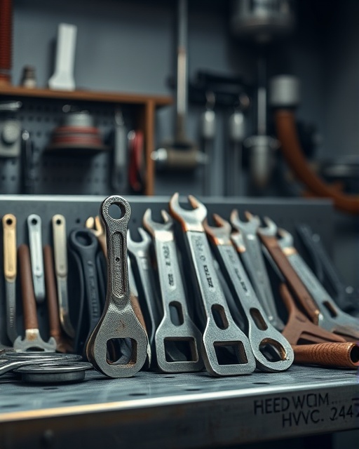 organized hvac tools, precise arrangement, displayed, photorealistic, on a metallic workbench in a dimly lit room, highly detailed, reflections on metal surfaces, macro shot, steel gray with hints of rust, soft spotlight, shot with a macro lens.