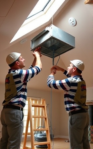 efficient hvac installation, technical, assembling, photorealistic, in a suburban home attic, highly detailed, teamwork dynamic, clear definition, light beige, natural lighting from skylight, shot with a 28mm lens.