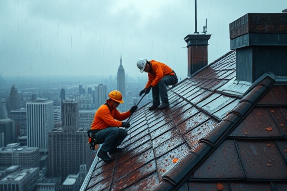urgent repair, crew, sealing a leaking roof, photorealistic, rainy rooftop above city skyline, highly detailed, rain droplets on lens, f/2.2, cold hues, overcast lighting, shot with a 28mm lens.