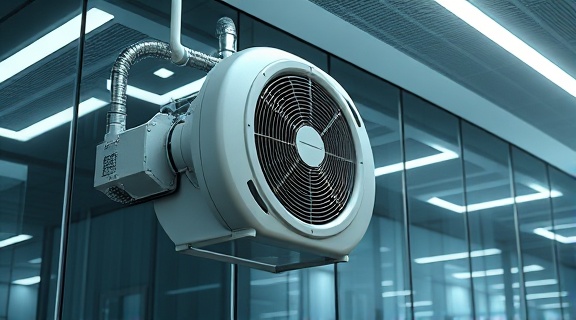 compact hvac equipment, futuristic, operating seamlessly, photorealistic, corporate office building with glass walls, highly detailed, subtle vibrations, metallic gray, cool white florescent lighting, shot with an 85mm lens.