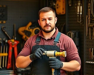 young hvac technician, determined, handling hvac tools, photorealistic, toolshed with neatly arranged equipment, highly detailed, light reflecting off tool surfaces, f/5.6 aperture, earthy brown and steel tones, direct sunlight, shot with a 50mm lens.