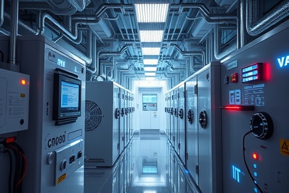 innovative hvac system, futuristic expression, operating automatically, photorealistic, high-tech lab with digital interfaces, highly detailed, blinking lights and holograms, 8k resolution, silver, ambient neon glow, shot with an 85mm portrait lens.