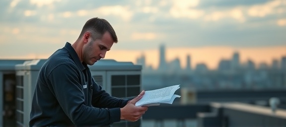 meticulous hvac technician, concentrated, repairing hvac unit, photorealistic, rooftop with cityscape in the distance, highly detailed, wind gently rustling papers, f/1.8 depth of field, cool blue and gray tones, golden hour lighting, shot with an 85mm prime lens.