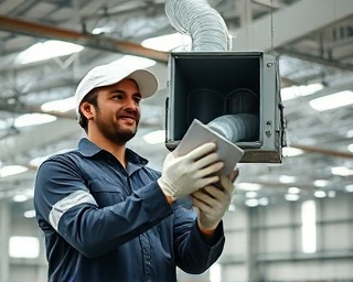 efficient hvac technician, satisfied, testing hvac airflow, photorealistic, industrial warehouse with vast open space, highly detailed, air currents mildly stirring, f/3.5 aperture, neutral gray palette, skylight illumination, shot with a 70-200mm zoom lens.